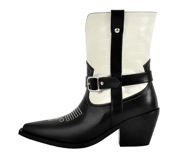 Women Fashion Color Patchwork Faux Leather Buckled Western Ankle Boots