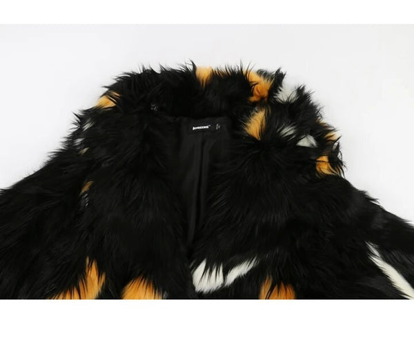 Women Color Patchwork Fashion Faux Fur Trench Jacket