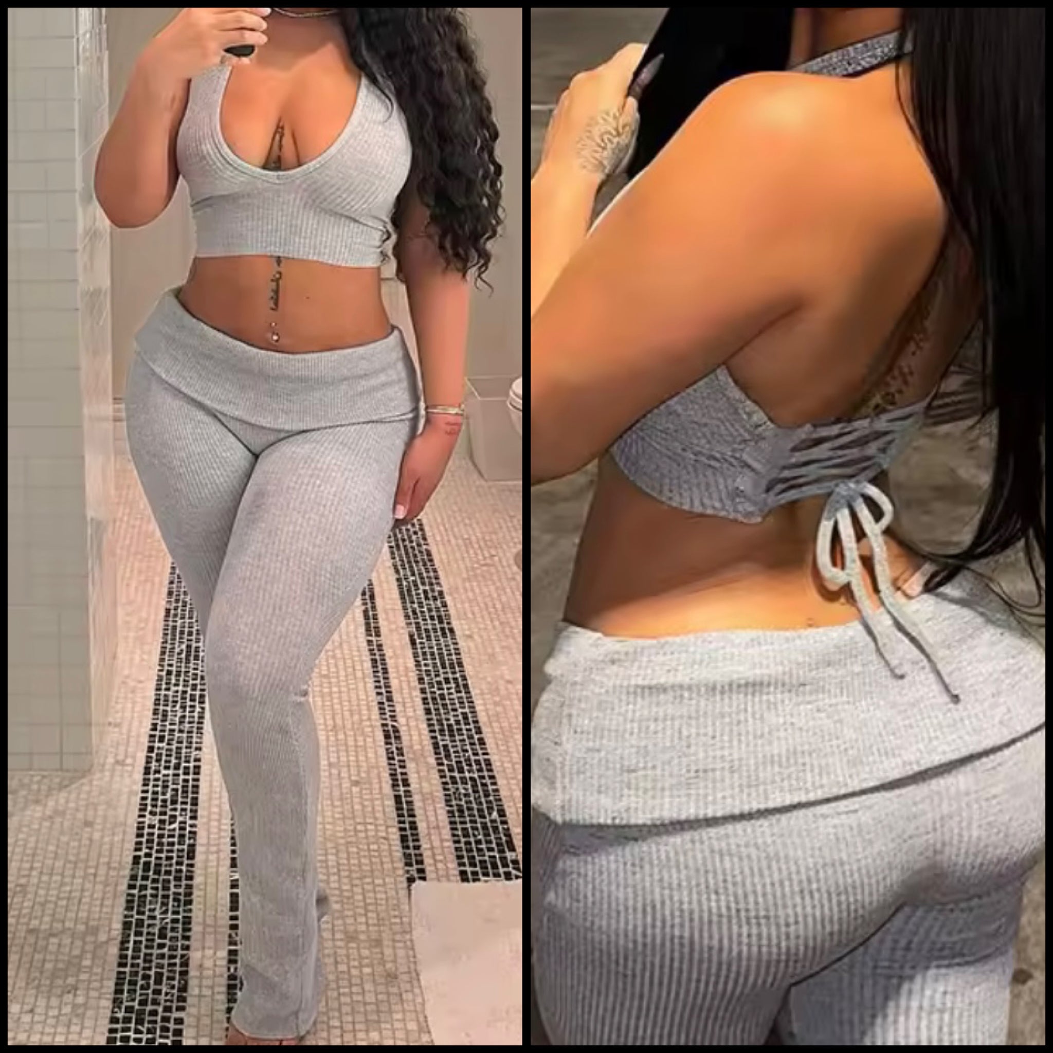 Women Sexy Halter Sleeveless Ribbed Two Piece Pant Set