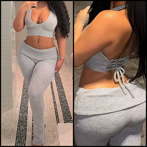 Women Sexy Halter Sleeveless Ribbed Two Piece Pant Set
