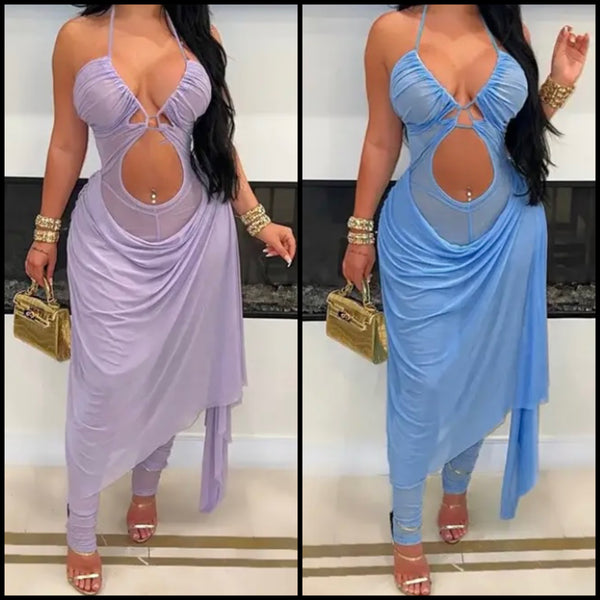 Women Sexy Sleeveless Mesh Asymmetrical Cut Out Jumpsuit