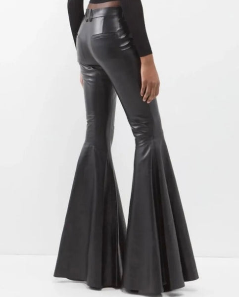 Women Fashion Black PU Wide Leg Pants