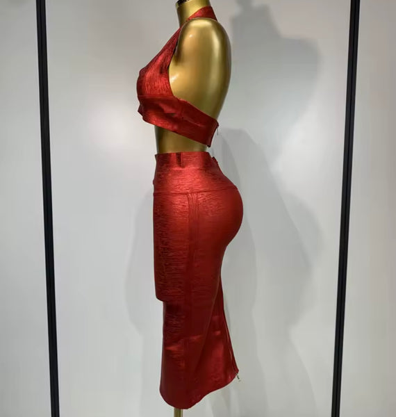 Women Red Halter Sleeveless Crop Sexy Two Piece Skirt Set