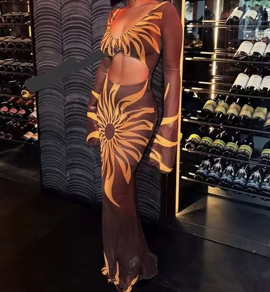 Women Sexy Brown Printed Full Sleeve Cut Out Mesh Maxi Dress
