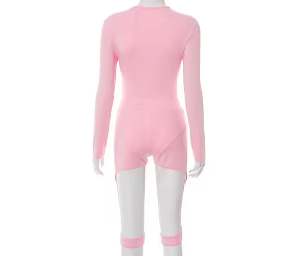 Women Sexy Cut Out Full Sleeve Bodysuit Two Piece Short Set