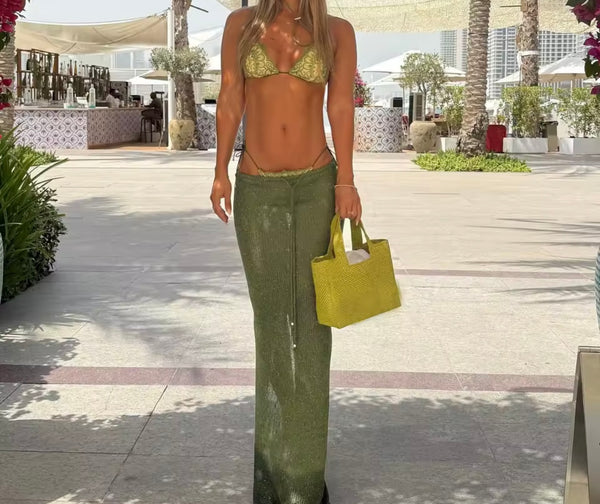 Women Sexy Green Printed Tie Up Bikini Cover Up Set