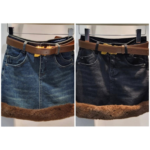 Women Faux Fur Patchwork Fashion Denim Skirt