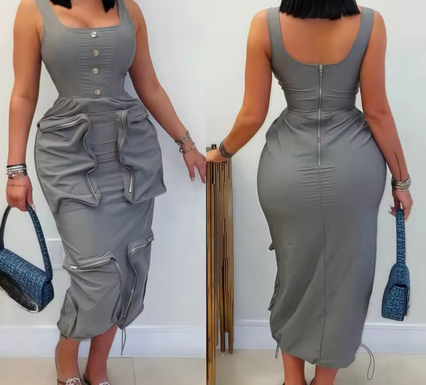 Women Sexy Sleeveless Gray Cargo Maxi Dress
