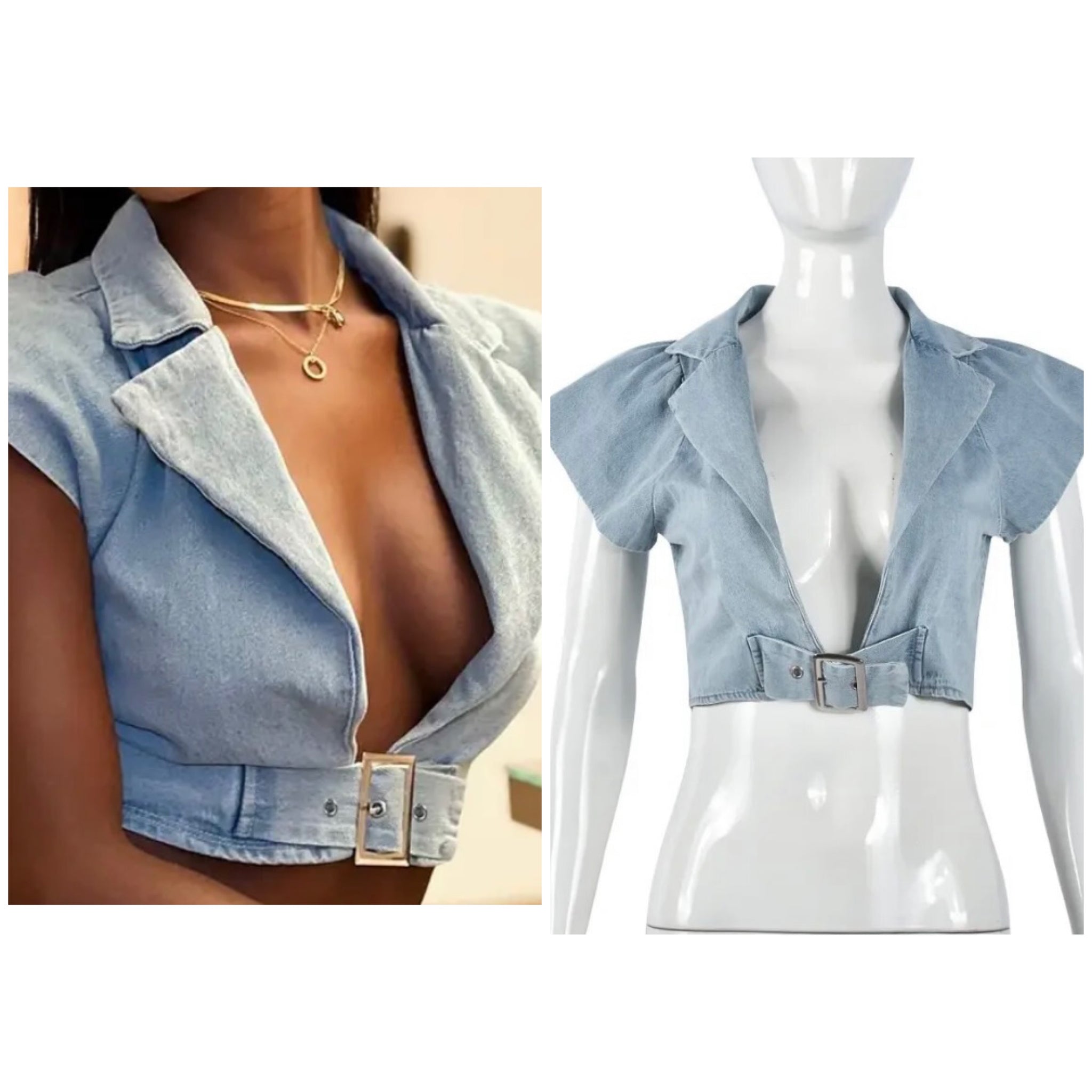 Women Sleeveless Buckled Fashion Denim Crop Top