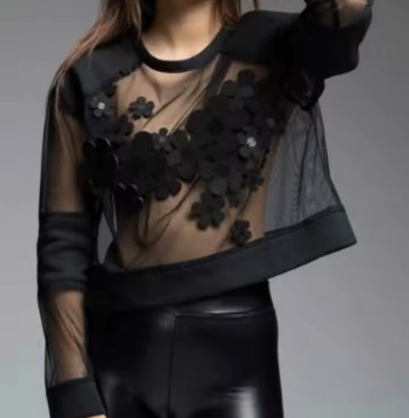 Women Black Floral Mesh Full Sleeve Crop Top