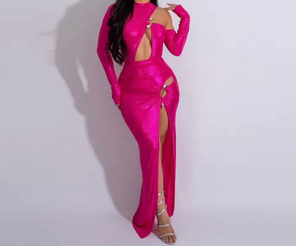 Women Pink Sexy Cut Out Full Sleeve High Split Maxi Dress