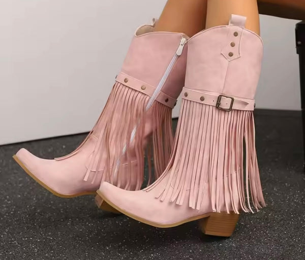 Women Fashion Fringe Tassel Knee High Western Boots