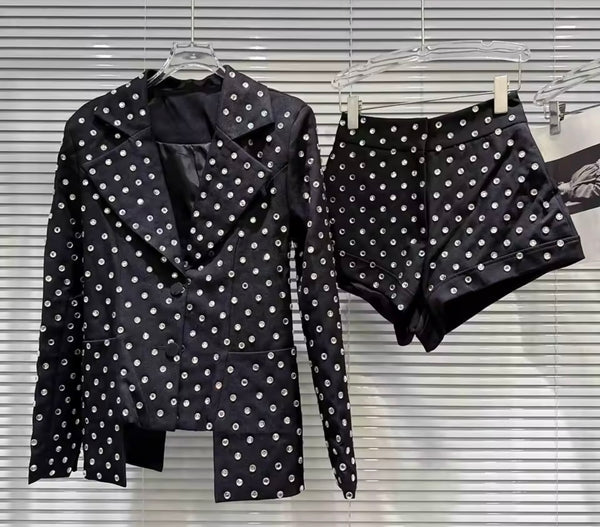 Women Fashion Rhinestone Blazer Two Piece Short Set