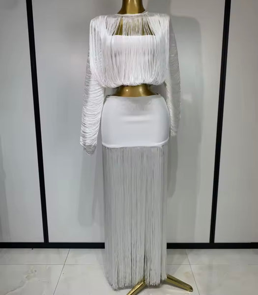 Women White Sexy Fringe Tassel Full Sleeve Two Piece Skirt Set