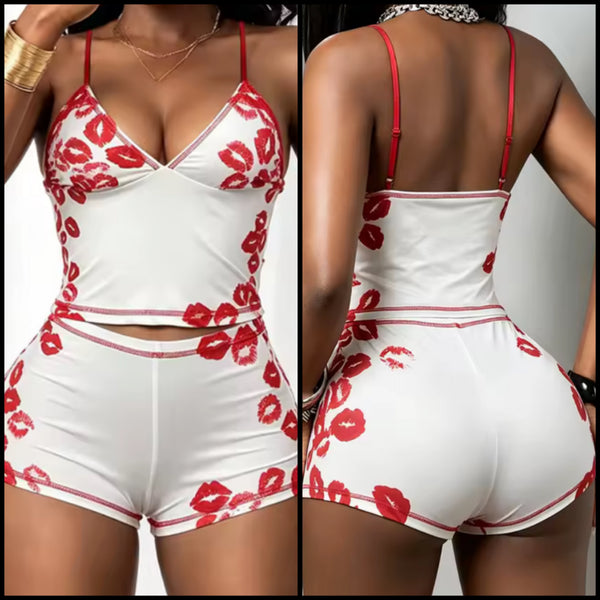 Women Sleeveless Sexy Lip Print Two Piece Short Set
