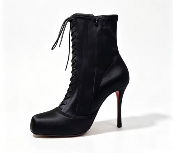 Women Fashion Satin Square Toe Lace Up Ballerina Ankle Boots