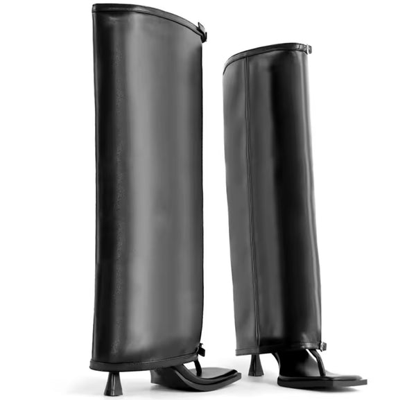 Women Fashion Open Toe Buckled Faux Leather Knee High Boots