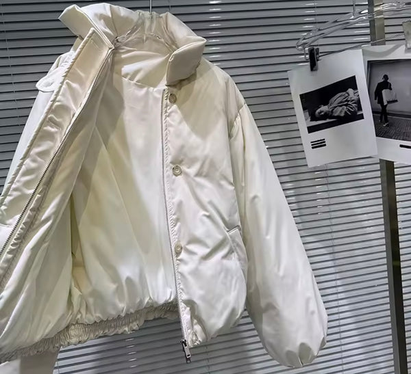 Women Fashion Puff Button Up Jacket Two Piece Skirt Set