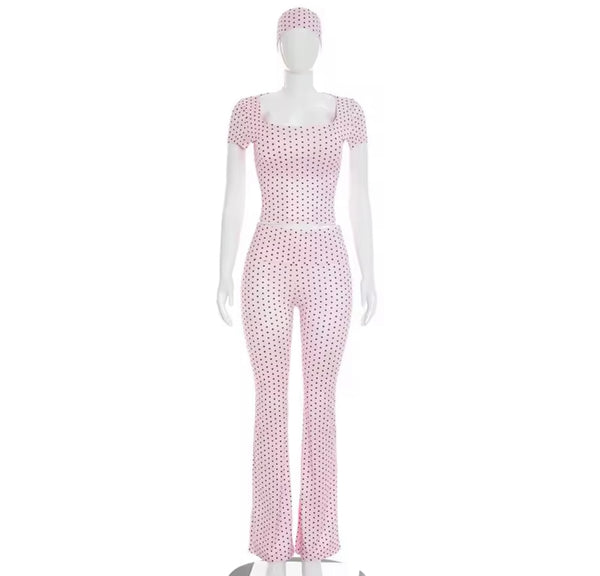 Women Fashion Polka Dot Headband Three Piece Pant Set