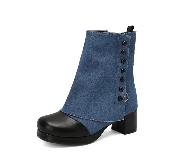 Women Fashion Button Denim Ankle Boots