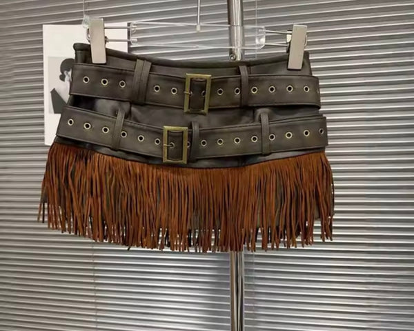 Women Fashion Buckled Fringe Tassel Faux Leather Skirt