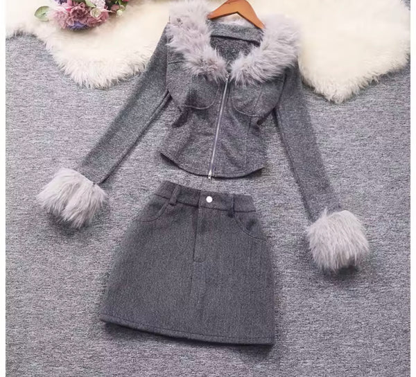 Women Gray Fur Patchwork Zip Up Full Sleeve Two Piece Skirt Set