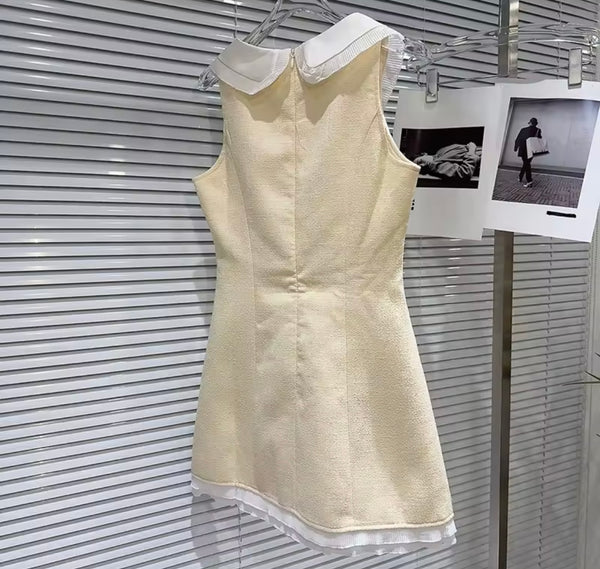 Women Sleeveless Ruffled Color Patchwork Tweed Dress