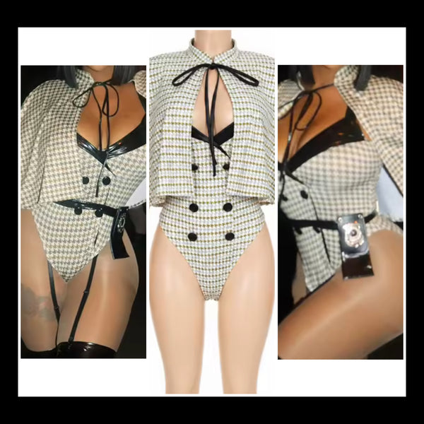 Women PU Patchwork Printed Bodysuit Shawl Set