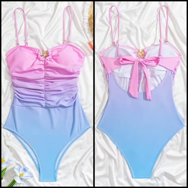 Women Colorful Gradient Ruched Back Bow Swimsuit