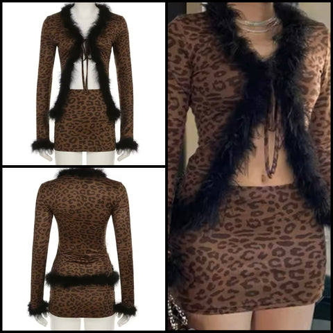 Women Sexy Fur Patchwork Leopard Two Piece Skirt Set