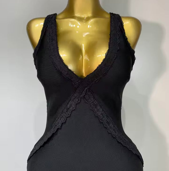 Women Sexy Ruffled Sleeveless Black Open Back Maxi Dress
