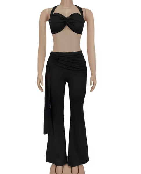 Women Sexy Halter Sleeveless Metal Cut Out Two Piece Wrap Pant Set