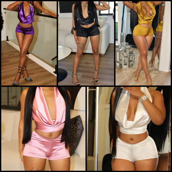 Women Sexy Satin Halter Open Back Sleeveless Two Piece Short Set