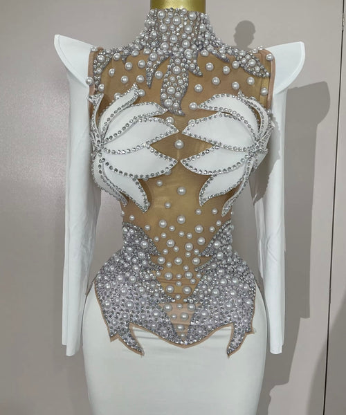 Women Sexy Rhinestone Pearl Mesh Patchwork Maxi Dress