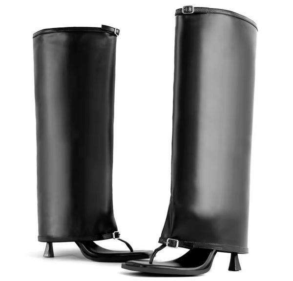 Women Fashion Open Toe Buckled Faux Leather Knee High Boots