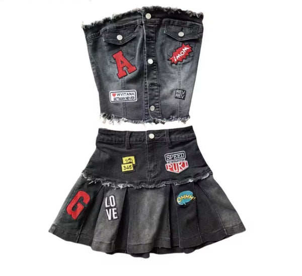 Women Button Up Strapless Denim Patchwork Two Piece Skirt Set