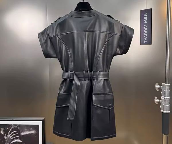 Women Black Short Sleeve Faux Leather Fashion Dress