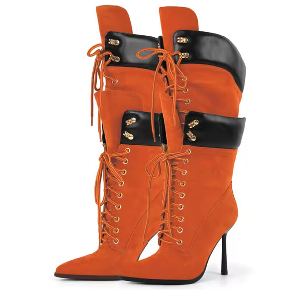 Women Color Suede Tie Up High Heel Knee Length Boots