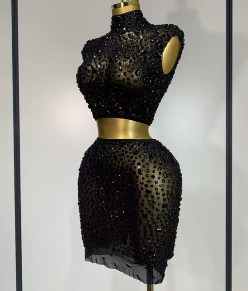 Women Sexy Sleeveless Crystal Mesh Two Piece Skirt Set