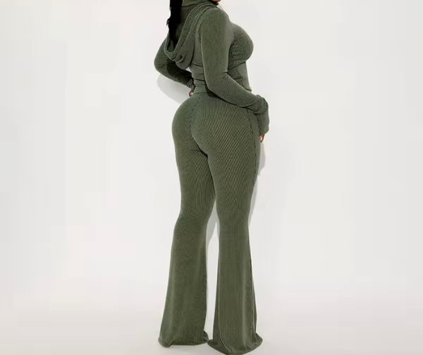 Women Fashion Hooded Ribbed Full Sleeve Two Piece Pant Set