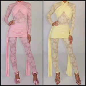 Women Sexy Full Sleeve Color Lace Ribbon Jumpsuit