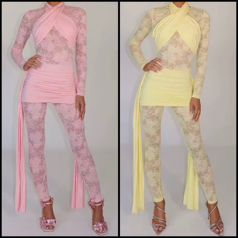 Women Sexy Full Sleeve Color Lace Ribbon Jumpsuit