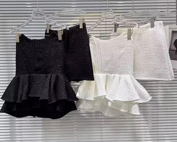 Women Sexy Strapless Tweed Ruffle Two Piece Skirt Set