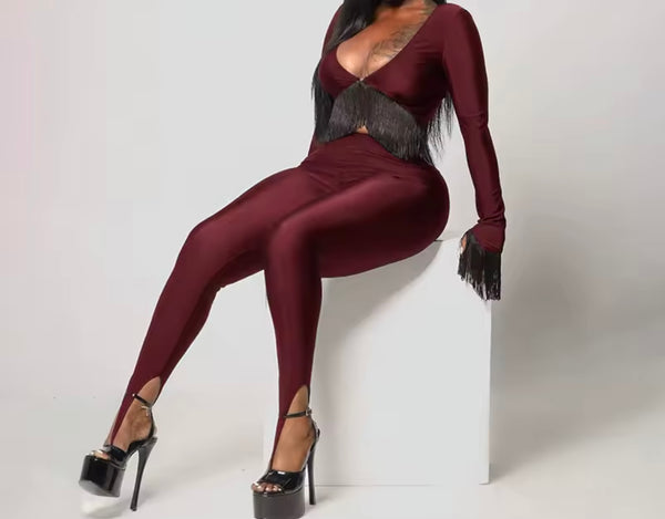 Women Fringe Tassel Full Sleeve Fashion Two Piece Pant Set