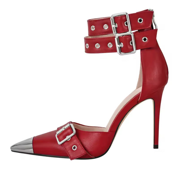 Women Fashion Metal Pointed Toe Buckled Ankle Strap High Heels