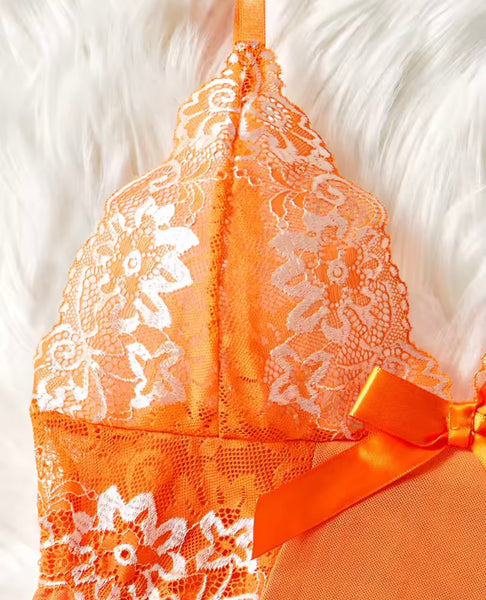 Women Sexy Orange Floral Lace Mesh Nightgown Lingerie Set