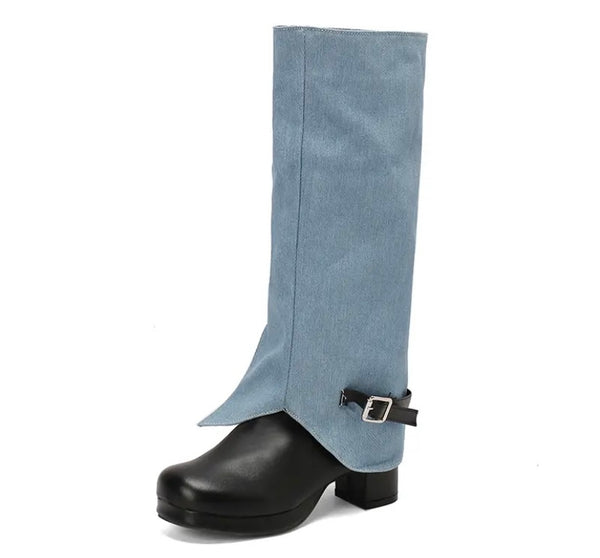 Women Fashion Denim Color Patchwork Buckled Platform Knee High Boots