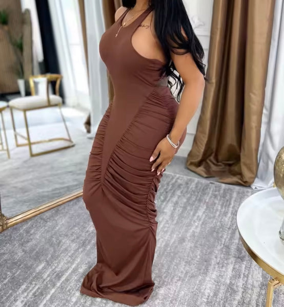 Women Sexy Color Sleeveless Ruched Maxi Dress