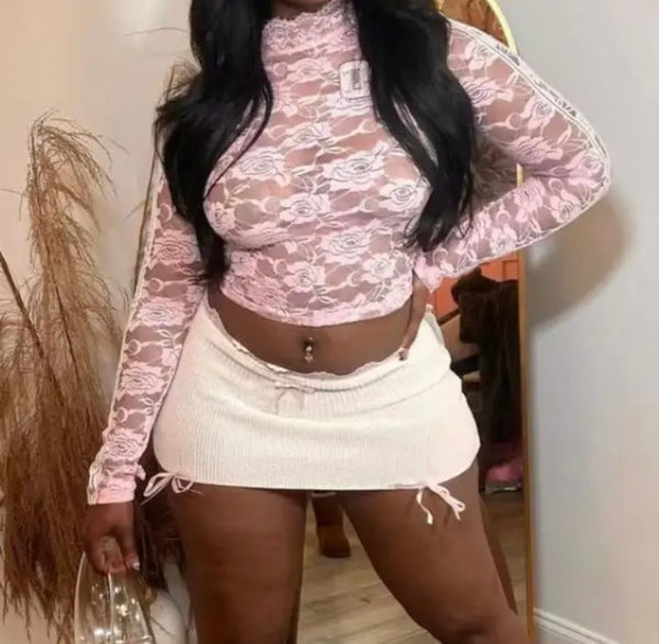 Women Pink Lace Sexy Fashion Full Sleeve Crop Top
