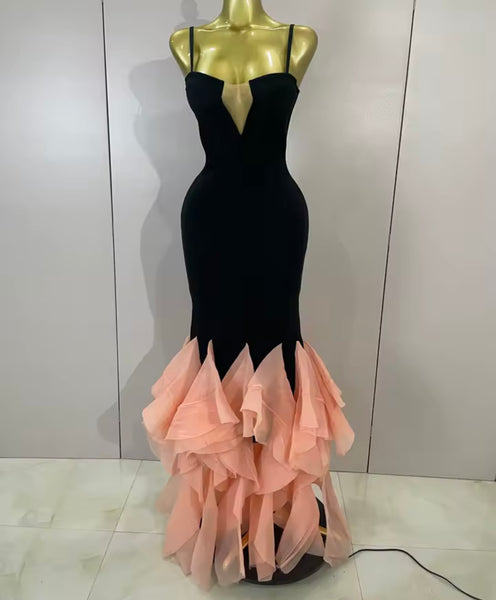 Women Sexy Sleeveless Black Color Ruffled Maxi Dress